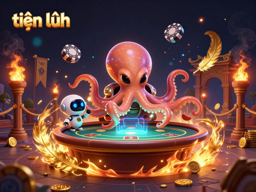 Engage in the thrilling tiến lên card game with an energetic alien octopus at a holographic table.