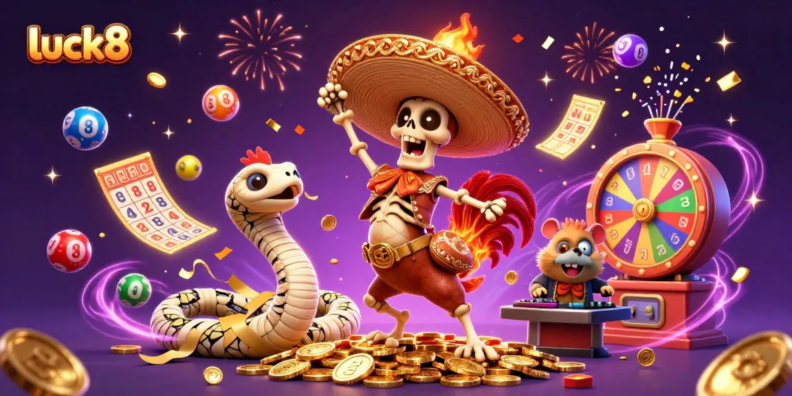 Experience thrilling fun with luck8 as the cartoon mariachi rooster dances amid vibrant gaming elements.