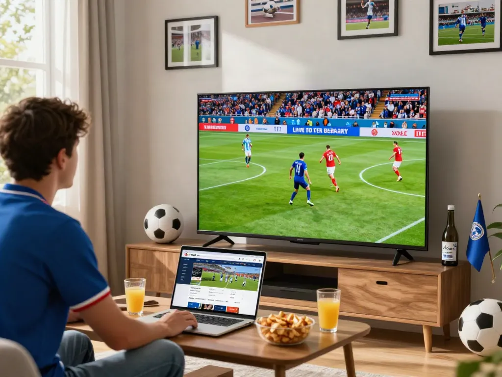 Xoilactv fan enjoying live football match in cozy living room.