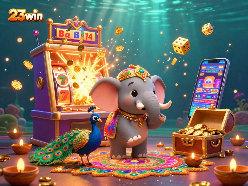 Experience casino excitement with 23win featuring a vibrant jackpot scene and Diwali-themed characters.