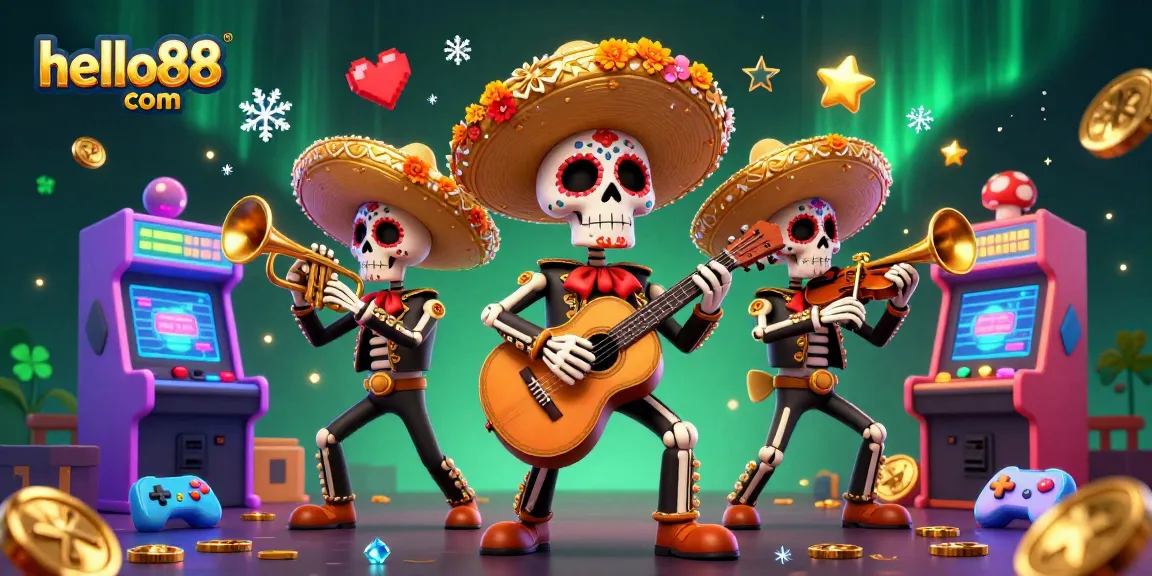 Experience thrilling gaming with hello88 com, featuring vibrant mariachi skeletons and arcade-inspired casino elements.