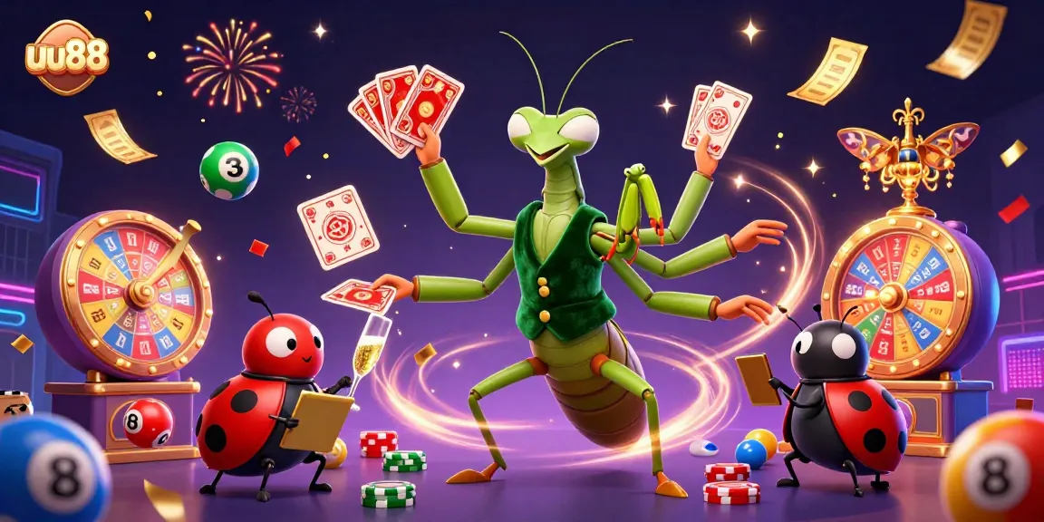 uu88 players celebrating wins with colorful lottery balls and a lively casino scene