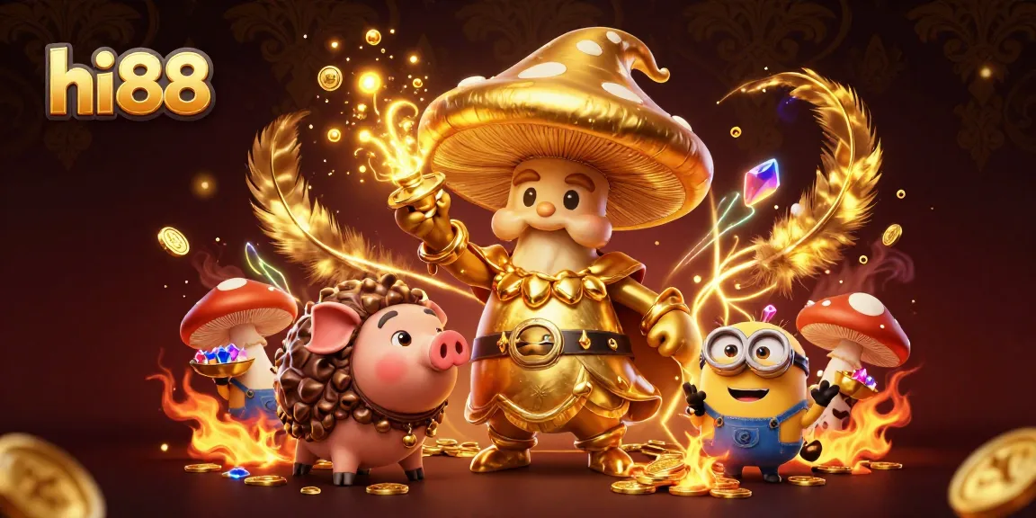 Experience the magic of hi88 with golden mushroom wizard and treasure-seeking pig in a vibrant casino scene.
