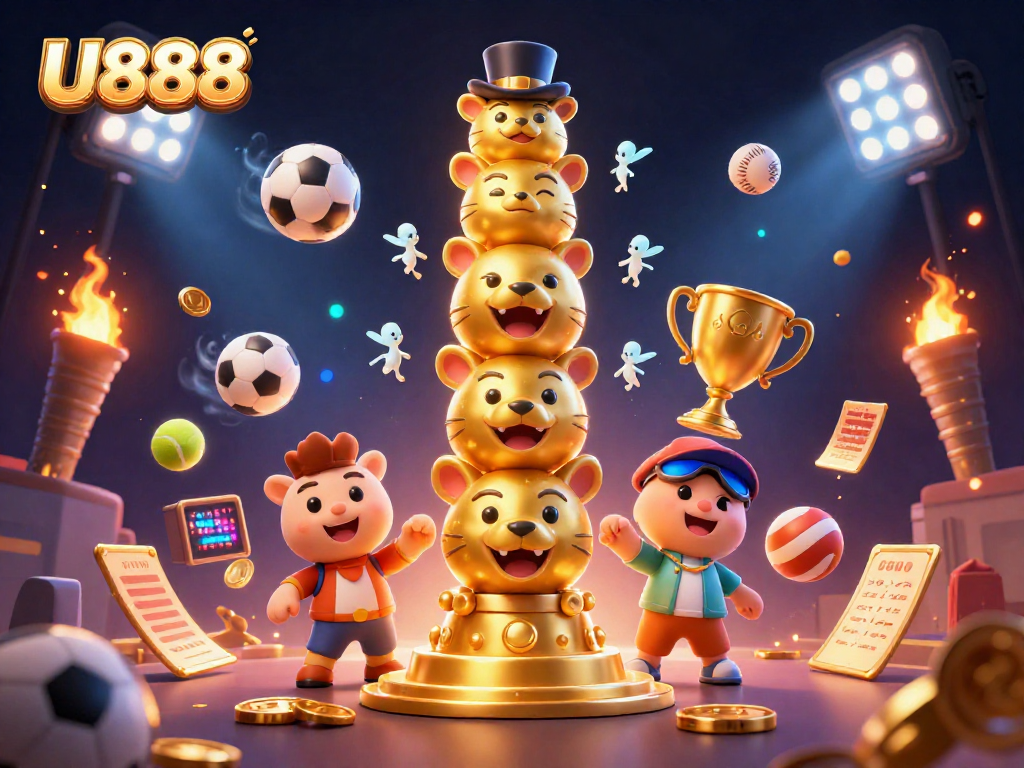 Experience U888's dynamic gaming world with a colorful totem and lively sports elements.