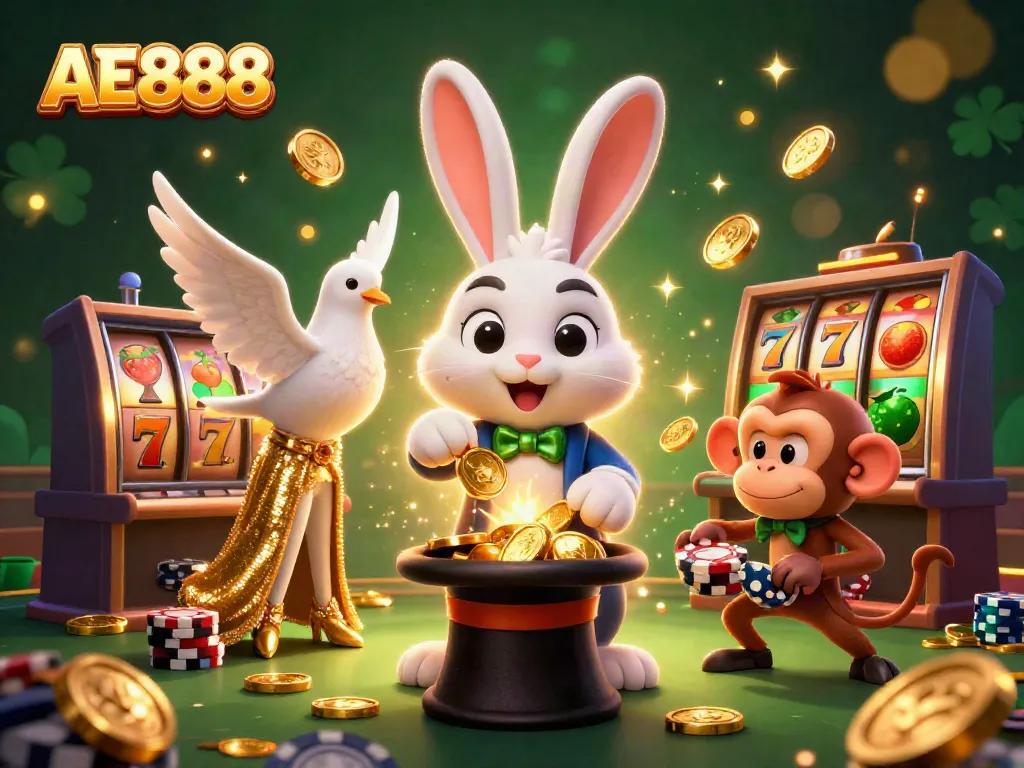 Experience magic with AE888 in a vibrant casino scene full of coins and fun.