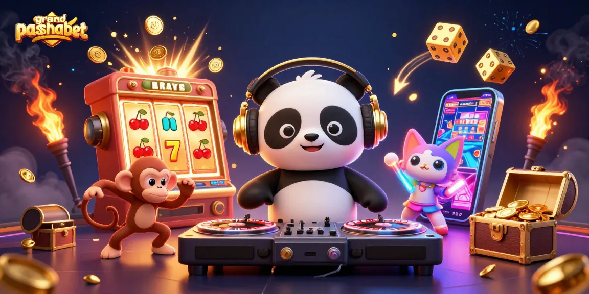 Engage with grandpashabet through dynamic casino scenes featuring a DJ panda, dancing monkey, and glow-stick kitten.