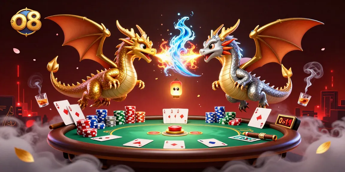Experience thrilling poker action with twin dragons and vibrant casino elements in this o8 illustration.