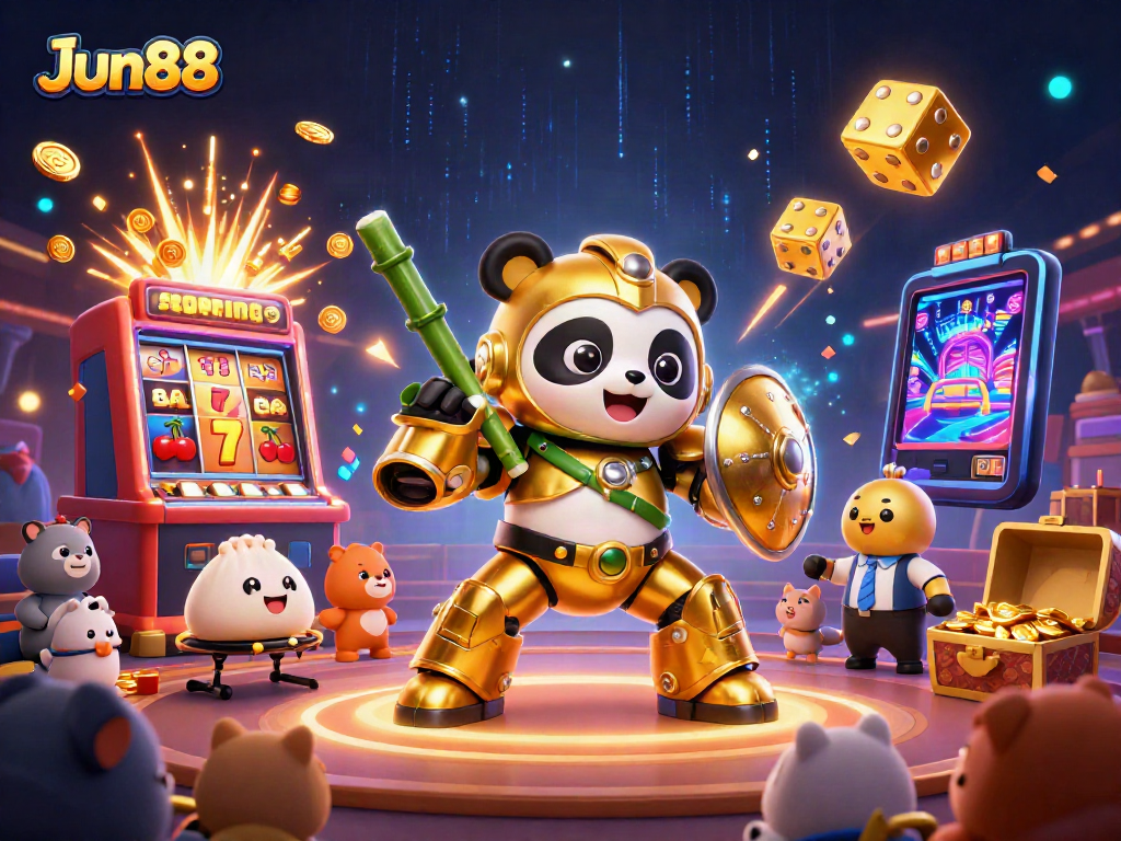 Experience thrilling gameplay at Jun88 with a dazzling casino scene featuring golden panda and jackpot symbols.