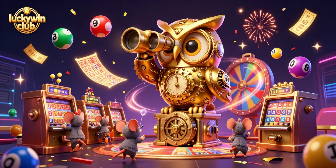 A lively depiction of the luckywin club featuring a whimsical golden owl and animated mice amidst casino action