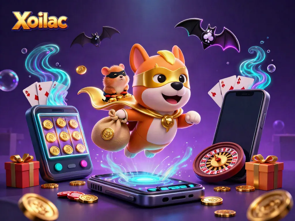 Xoilac promotes thrilling gambling experiences with a superhero dog delivering gold coins amidst dynamic gaming elements.