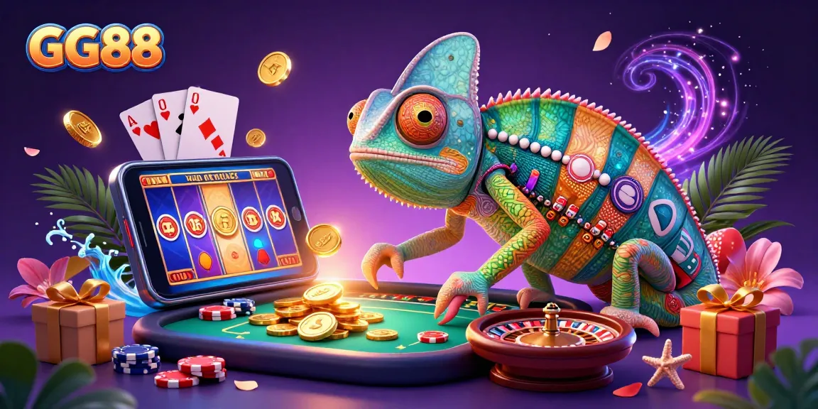 Experience big wins with GG88 in a vibrant casino scene featuring a chameleon owner and dynamic gaming elements.