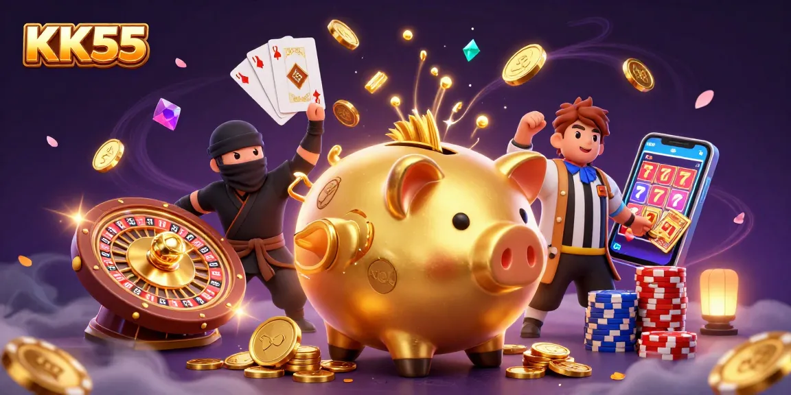 Experience thrilling winnings at KK55 with vibrant gaming elements and characters showcasing excitement.