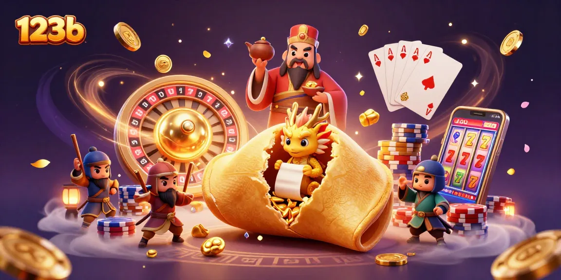 Experience thrilling gaming at 123b with a golden fortune cookie and wise dragon amidst casino elements.
