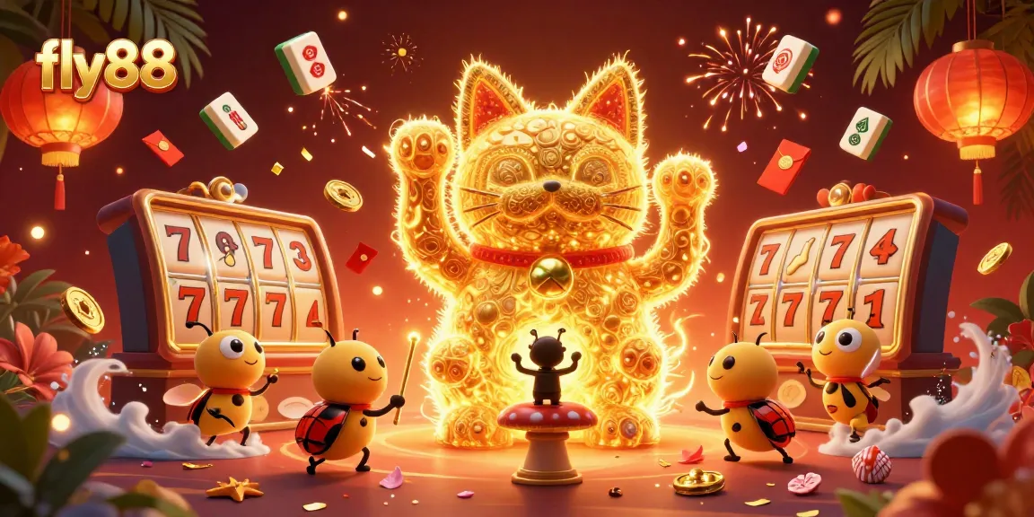 Engage with fly88's vibrant golden firefly lucky cat creating an immersive casino experience.