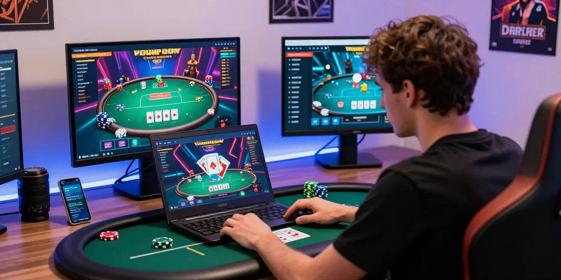 Dewapoker player in vibrant online gaming setup engaged in live poker match with digital tables.