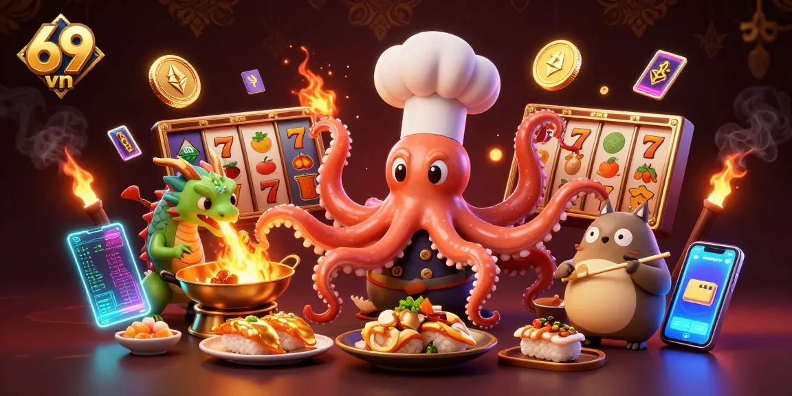 Engage in thrilling slots at 69 vn while watching a cartoon octopus chef create golden dishes.