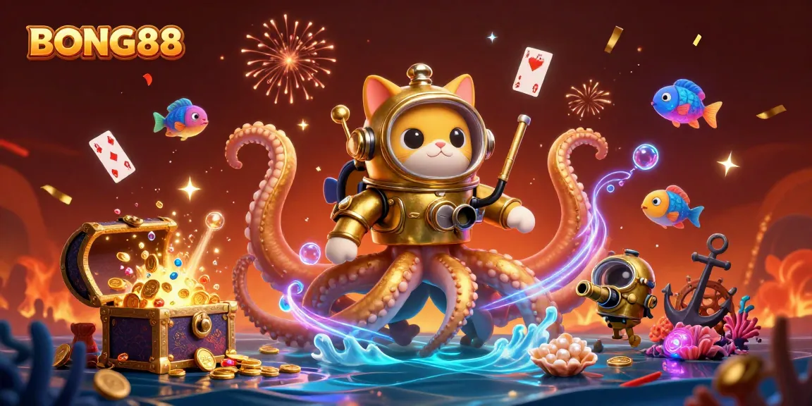 BONG88 brings excitement to life as a kraken and diving cat discover treasure in a vibrant underwater scene.