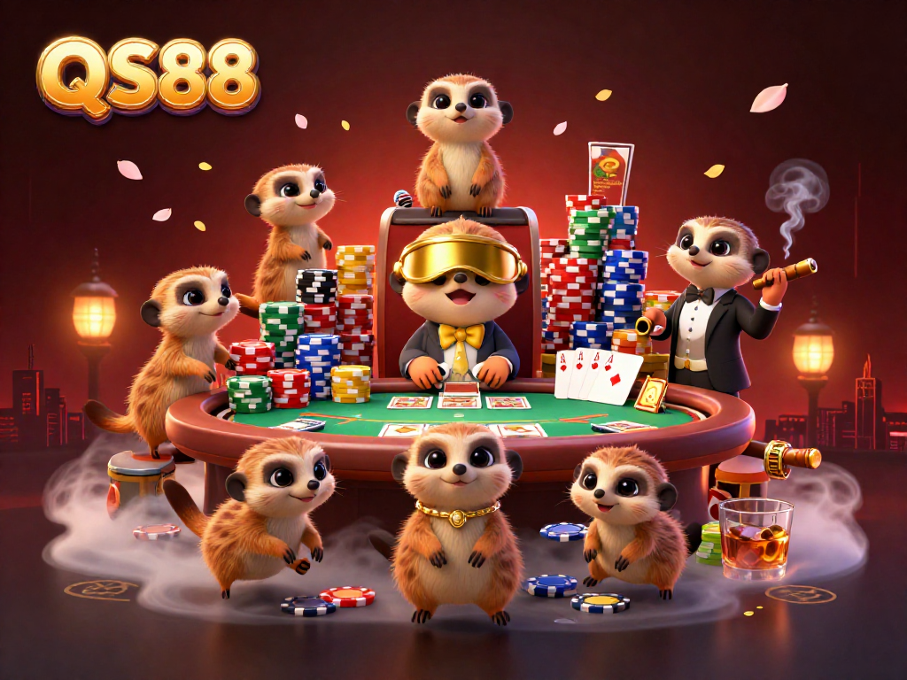 Experience the lively casino world of QS88 with meerkats dealing cards and sneaking chips in a vibrant scene.