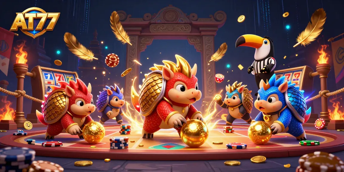 AT77 pangolins compete in a vibrant casino scene, amidst gold coins and slot reels.