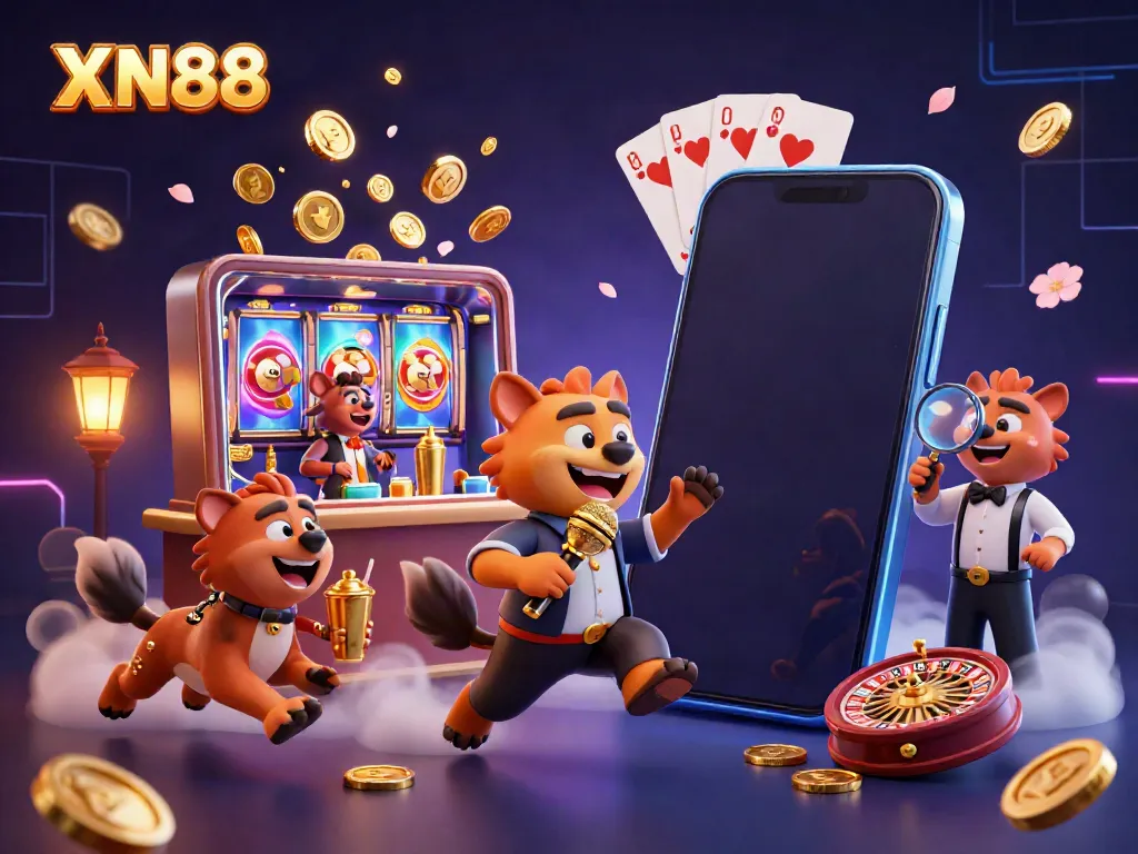 Engage with XN88's vibrant casino scene featuring hyenas, slot games, and a lively atmosphere.