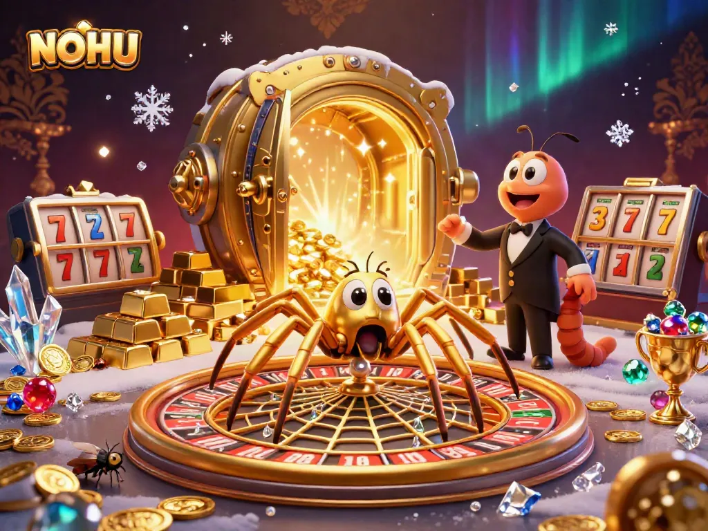 Engage in the thrilling world of NOHU with an action-packed illustration featuring golden spider spinning a roulette web.
