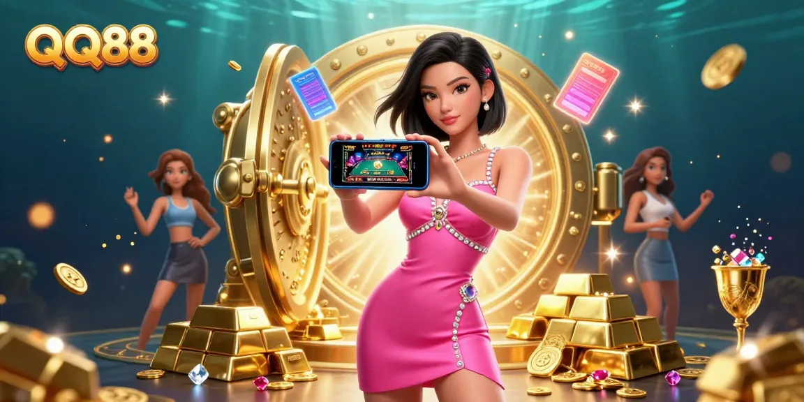 Experience thrilling games on QQ88 with a stunning Asian woman showcasing live dealer casino gaming on her smartphone.