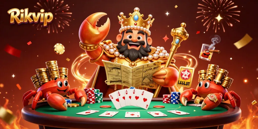Engage in thrilling gameplay at Rikvip with a vibrant scene featuring a golden crab emperor amidst poker elements and confetti.