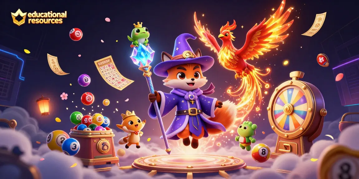Engage with educational resources through vibrant illustrations of lottery elements and magical characters.