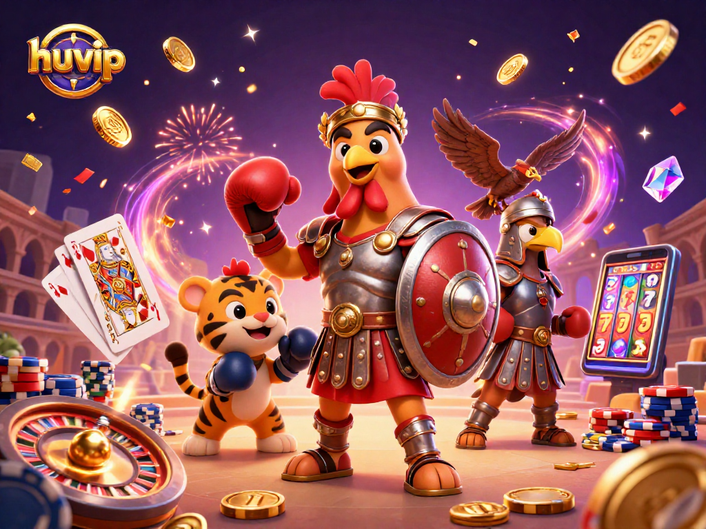 Win big with huvip featuring a gladiator rooster and casino elements in vibrant 3D illustration.