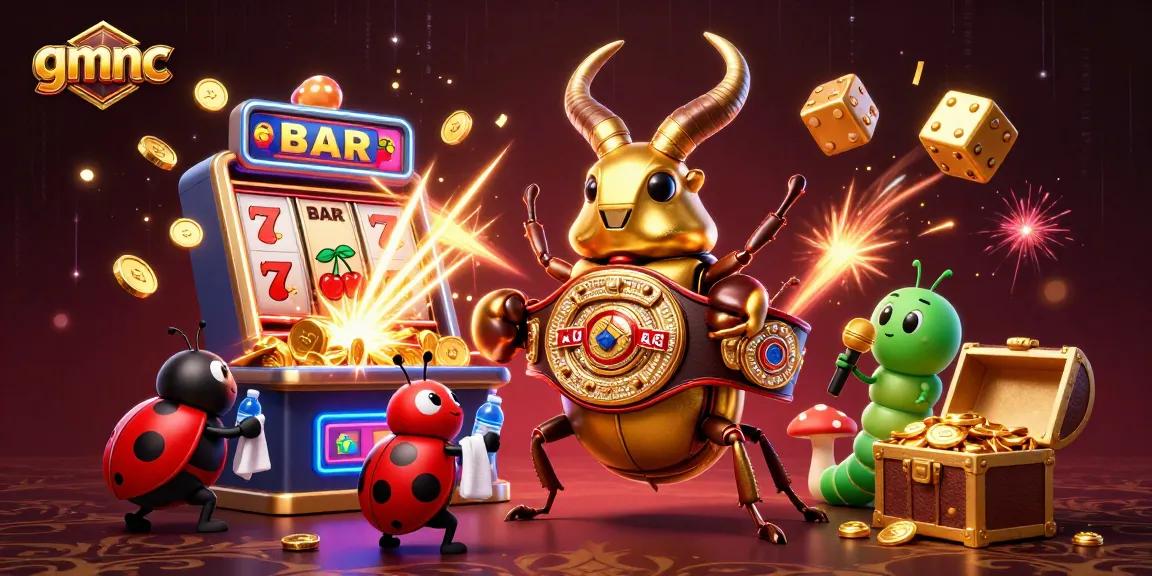 gmnc showcases a giant stag beetle boxing champion amidst explosive casino visuals.