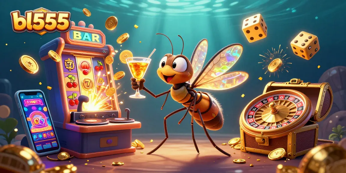 Experience thrilling wins with bl555, the gaming mascot, and vibrant casino elements in a dynamic 3D scene.