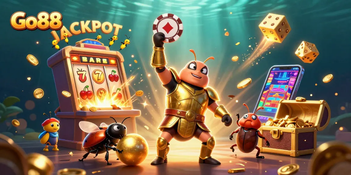 Experience excitement with Go88 as a hercules beetle lifts a poker chip amidst a vibrant jackpot celebration.