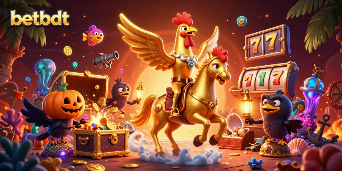 Engage in thrilling gameplay at betbdt with a vibrant 3D scene of a golden rooster and surreal casino elements.