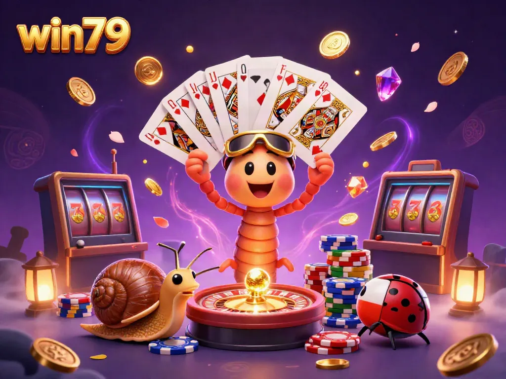 Experience the vibrant world of win79, featuring an animated millipede dealer with cards, a snail high-roller, and dazzling casino elements.