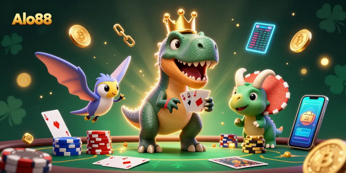 Alo88 showcases a cartoon T-Rex shuffling cards, enhancing the online casino experience with vibrant elements.
