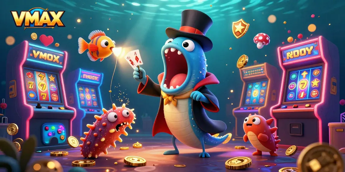 VMAX casino illustration showcasing a bioluminescent eel magician performing card tricks surrounded by slot reels.