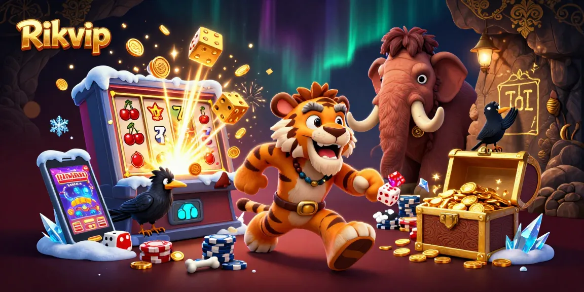 Rikvip brings excitement with a 3D caveman and tiger duo in a lively casino scene, featuring poker chips and slots.