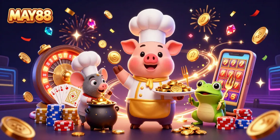 MAY88 casino scene showcasing a chef pig and sous-chef mouse amidst gold coins and poker elements.