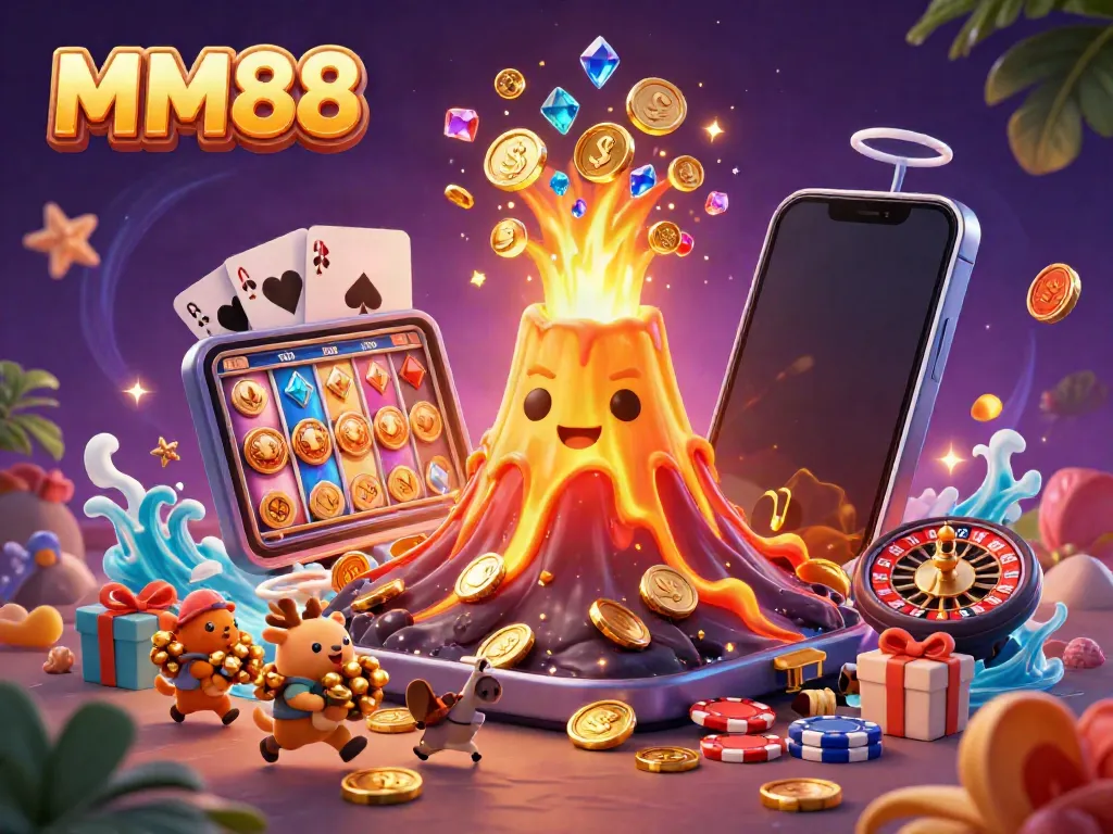 Experience exhilarating play at MM88 with a vibrant scene featuring a golden volcano and treasure-filled adventure.