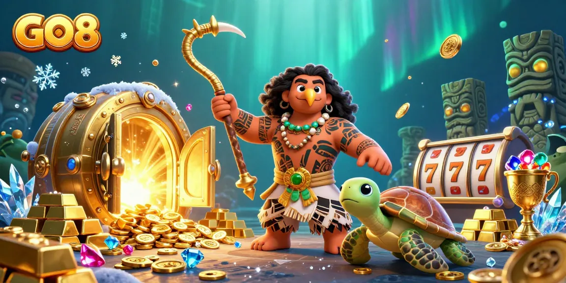 Experience the thrilling gameplay in GO8's vibrant casino oasis with lively characters and dazzling treasures.