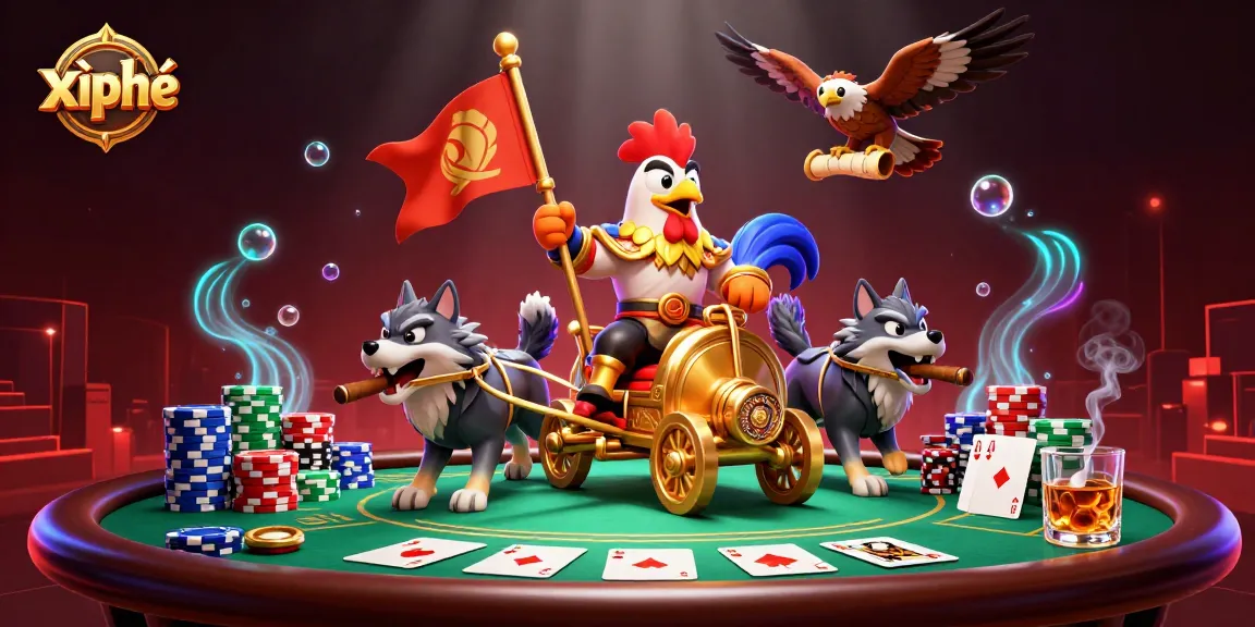 Engage in xì phé action with a cartoon warlord and poker elements in a vibrant casino setting.