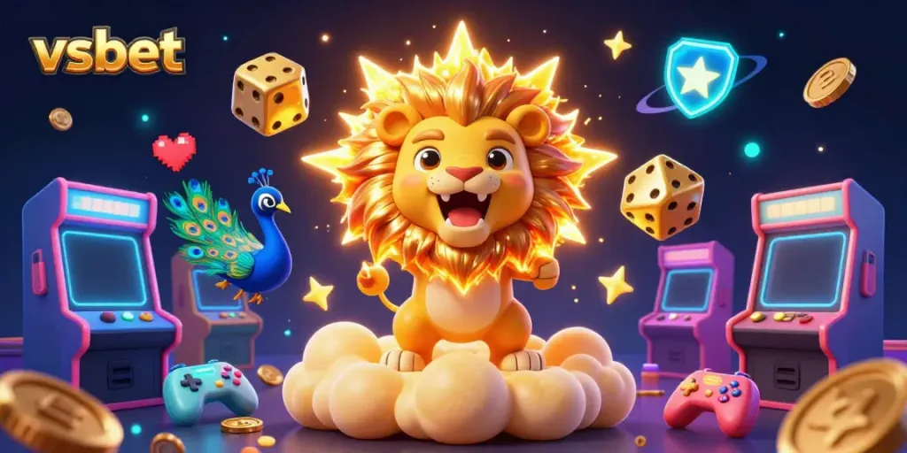 Engage with the vibrant gaming world of vsbet, featuring dynamic 3D elements, golden dice, and a roaring lion.
