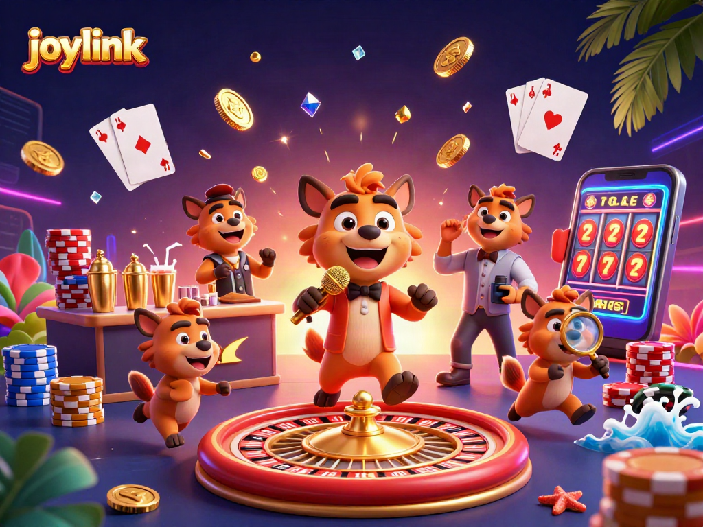 Joylink hyena casino scene with vibrant gaming elements, showcasing comedy, drinks, and a lively atmosphere.