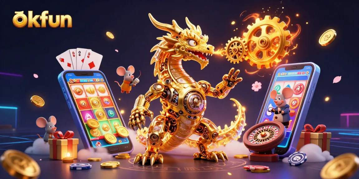 Experience excitement at okfun with golden dragons, slot games, and colorful casino elements.