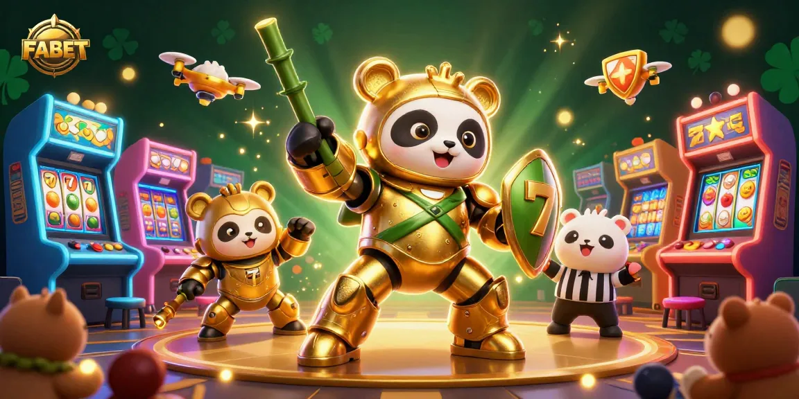 Engage with FABET's casino excitement featuring a golden panda in a mech-suit and vibrant arcade games.