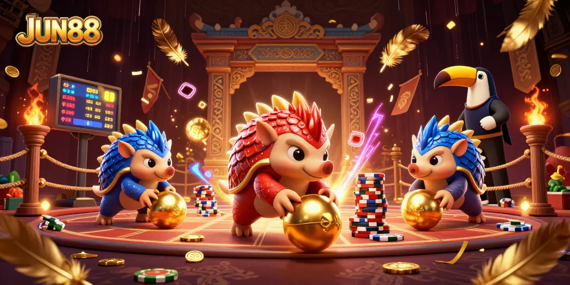 Engage in thrilling JUN88 casino action with animated pangolins bowling through poker chips in a vibrant 3D scene.