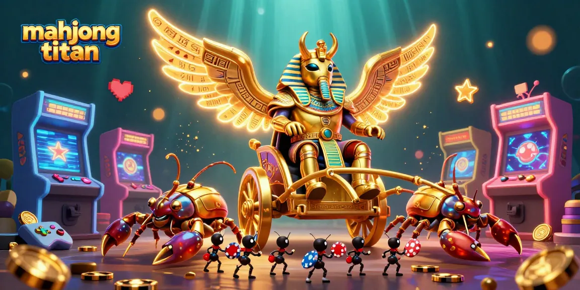 Play Mahjong Titan with this vibrant illustration, showcasing a golden beetle and dynamic game elements in action.