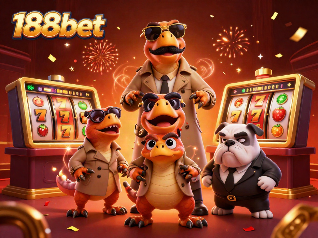 Experience thrilling moments at 188bet with cartoon raptors and casino games at a VIP lounge.