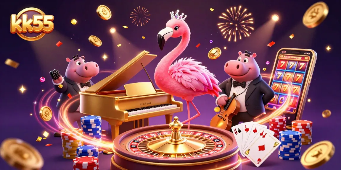 Experience thrilling gameplay with kk55 in a vibrant 3D casino scene featuring lively characters.