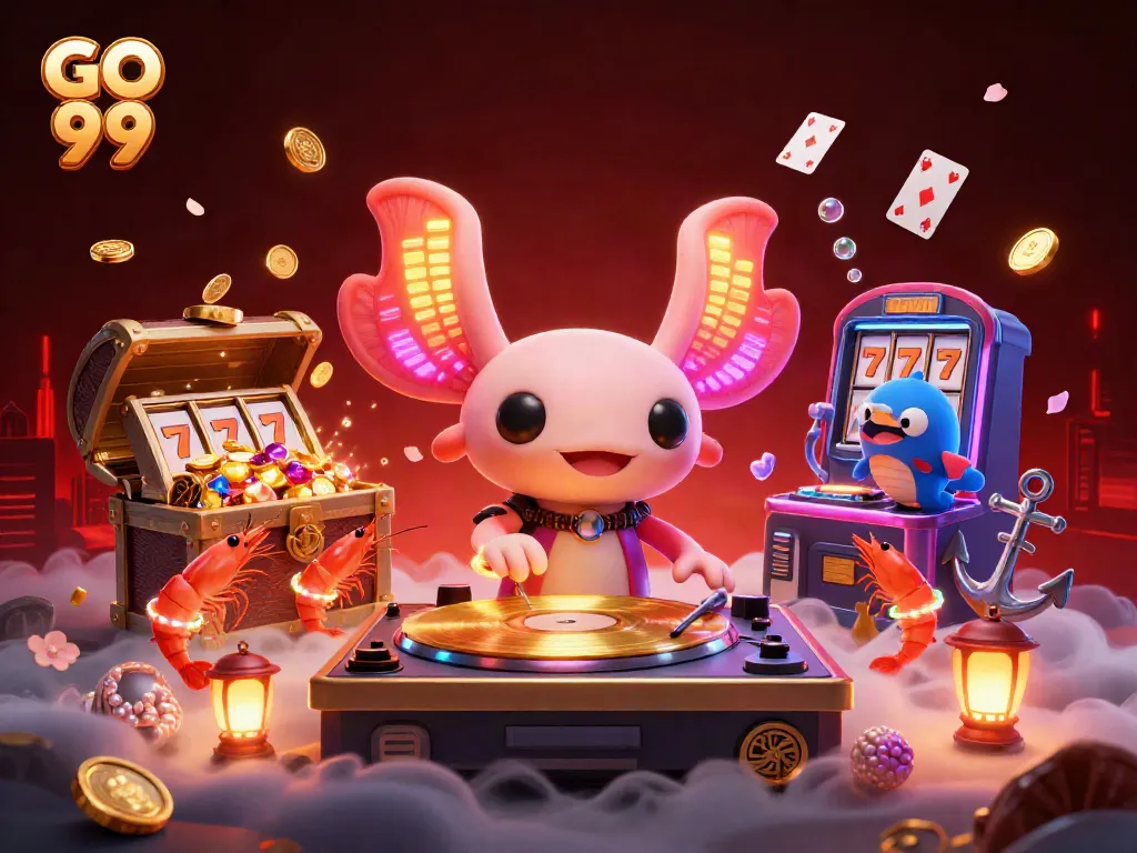 Engage with the vibrant GO 99 casino scene, featuring a neon axolotl DJ amidst dynamic elements of gaming.